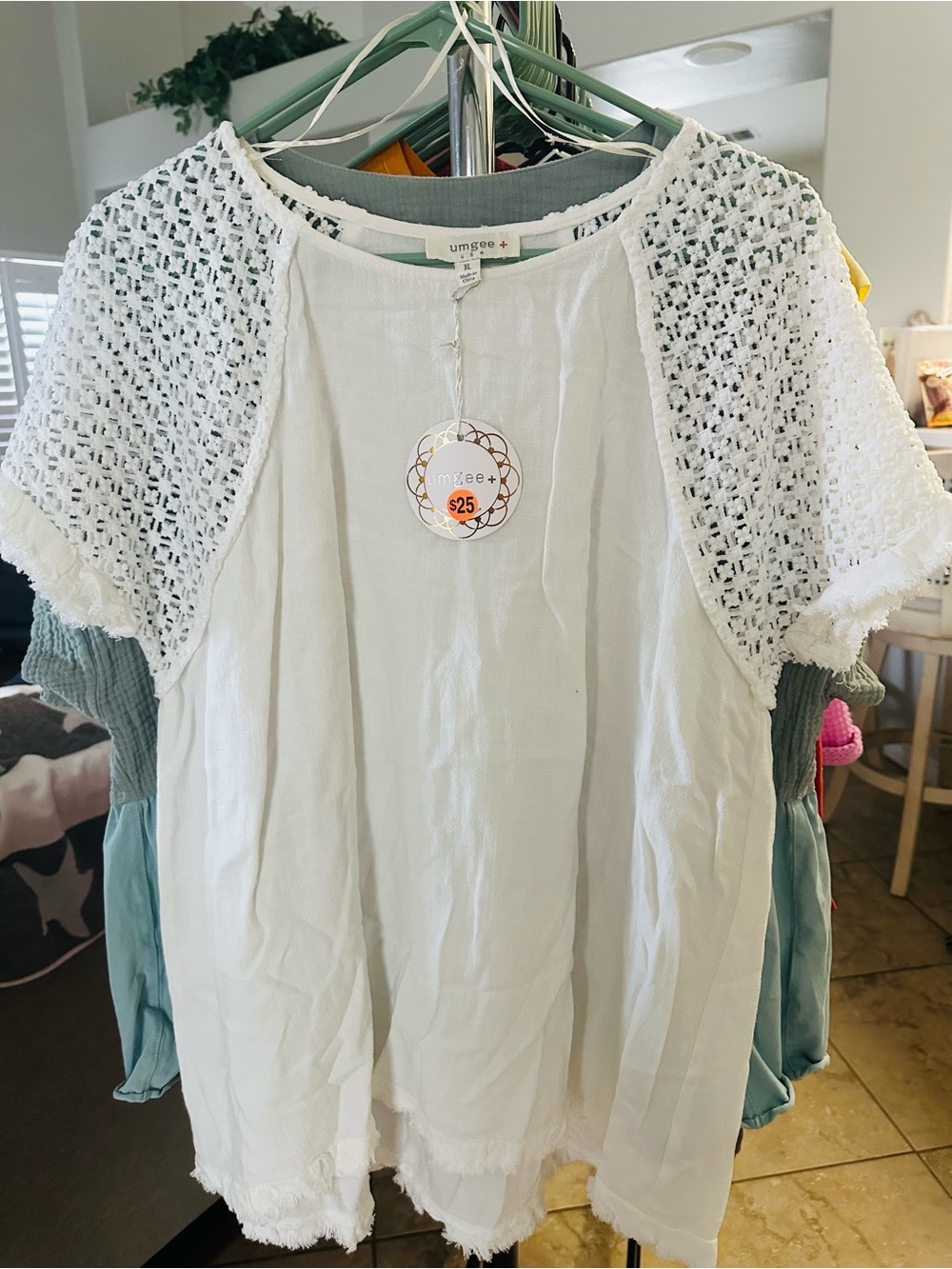 Umgee White Crochet Sleeve Boho Blouse